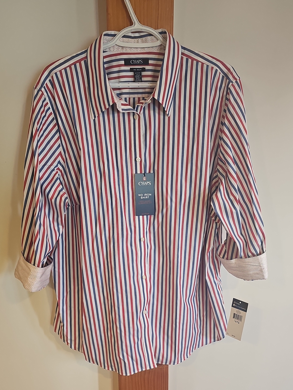 Chaps No Iron Striped Button Down Shirt | Red Blue White Polka Dot Cuffs Size 1X